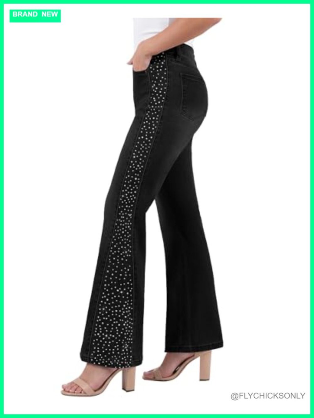 GRAPENT High Waisted Flare Jeans with Rhinestone Embellishments Stretchy Denim